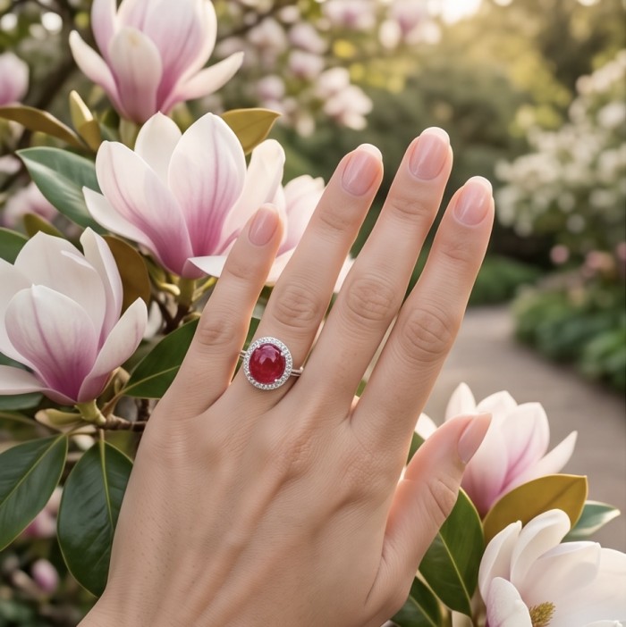 Scarlett 10.7 ctw Mozambique Ruby .925 Sterling Silver handcrafted Statement Ring size 7 - Ruby ring worn on hand with magnolia flowers in background.