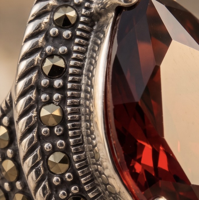 Red Power Authentic 25.4 carat Garnet .925 Sterling Silver brilliantly handcrafted large Statement Ring size 7 1/4 - Stone close-up of Red Power Garnet in .925 Sterling Silver setting.