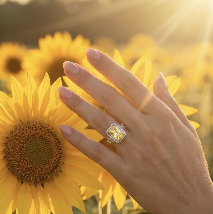 Solid 8.8 carat Genuine Yellow Sapphire .925 Sterling Silver handcrafted ring size 6 1/4 - Yellow sapphire ring worn on hand beside sunflower in sunlight