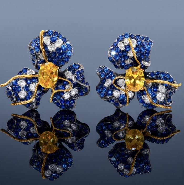 Exotica - real art - authentic 4.9 carat yellow Sapphire 9.2 carat pave Colombian Sapphire 2 tones .925 Sterling Silver dipped in black rhodium handcrafted earrings - Front view of floral earrings with yellow sapphires and blue stones.