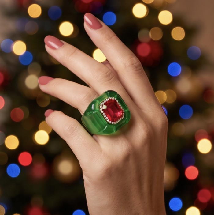 Candy Store - Modern Design Natural Green Raisin Pink Topaz .925 Sterling Silver ring size 8 - Worn on hand, green resin with pink topaz and diamonds, festive background.