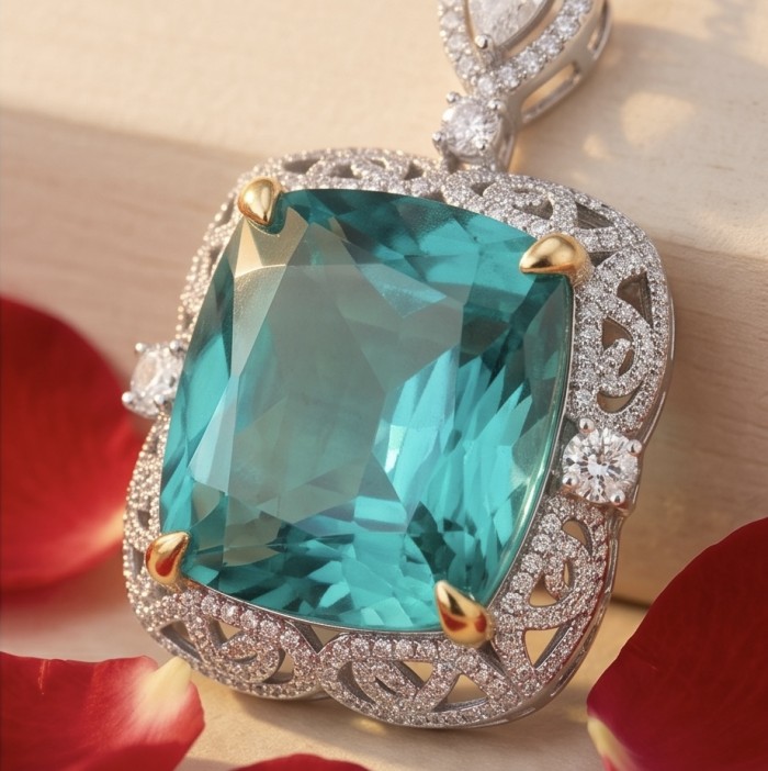 Wonderland 31.3 carat fancy baquette cut Paraiba Tourmaline 2 tones .925 Sterling Silver Handcrafted Statement necklace - Close-up of 31.3 ct Paraiba Tourmaline pendant with diamond accents.
