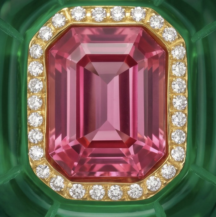Candy Store - Modern Design Natural Green Raisin Pink Topaz .925 Sterling Silver ring size 8 - Stone close-up of green and pink topaz surrounded by diamonds.