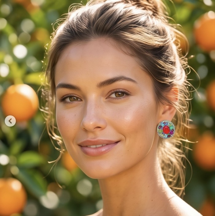 Jasmine - 19.2 carat BRAZILIAN Carnelian .925 Sterling Silver dipped in rhodium handcrafted incredible Statement earrings - Woman wearing Jasmine earring, close-up with oranges in background.