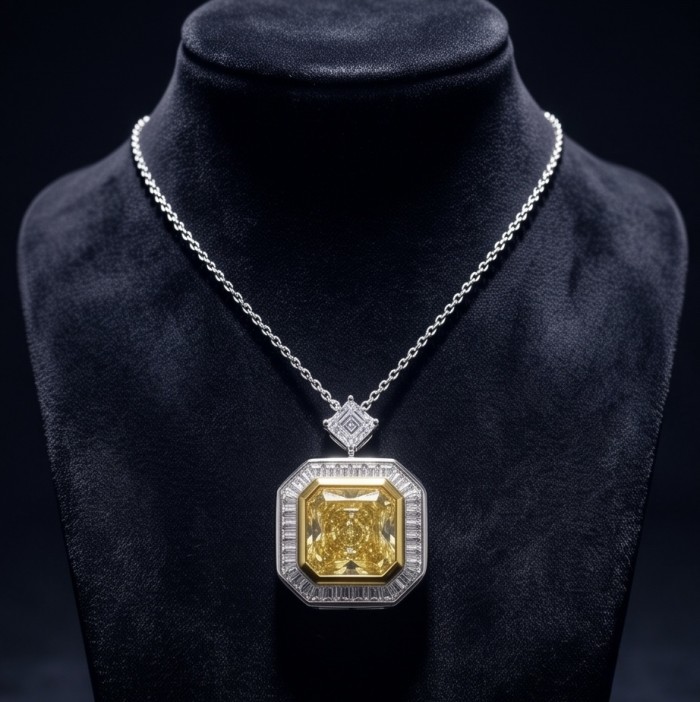 Art Deco - princess cut 15.8 carat YELLOW SAPPHIRE 2 tones .925 Sterling Silver dipped in Rhodium handcrafted necklace - Front view of Art Deco yellow sapphire pendant on a black display.