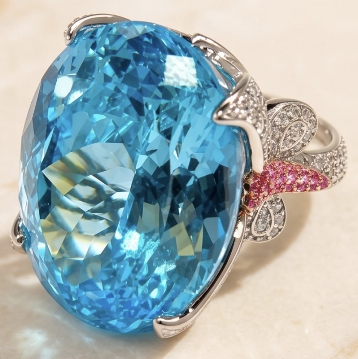Pacifica - Authentic 30.8 carat Swiss Blue Topaz Rhodium over .925 Sterling Silver handcrafted Large Statement ring size 7 1/4 - Blue topaz ring stone close-up with butterfly design.