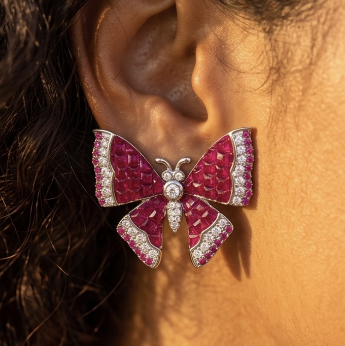Natural 18.2 carat mystery setting Ruby Butterflies .925 Sterling Silver handcrafted earrings - Close-up of butterfly-shaped ruby earring worn on ear
