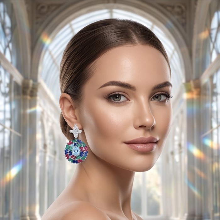 Genuine 6.8 carat Ruby rhodium over .925 Sterling Silver handcrafted Statement Earrings - Woman wearing colorful sterling silver earrings, close-up view.