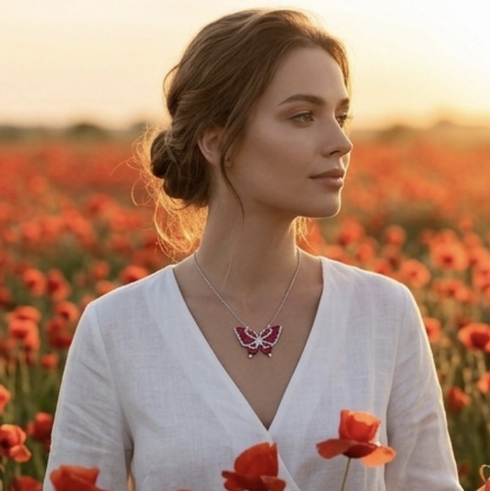 Red Butterfly Luxurious MYSTERY SETTING natural 12.5 carat Ruby .925 Sterling Silver handmade Statement necklace - Side view of woman wearing Red Butterfly Luxurious necklace in field.