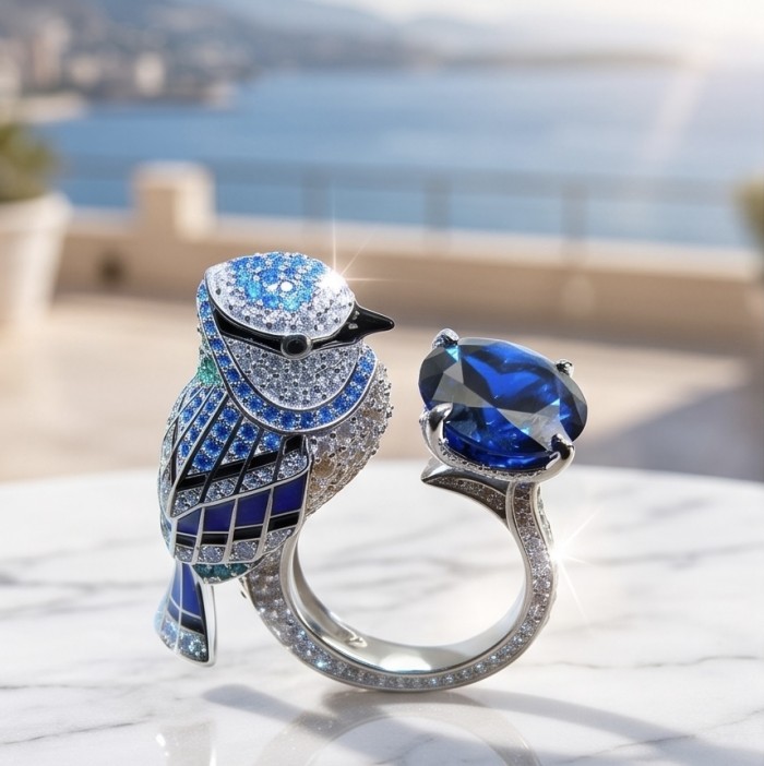 Blue Bird 6.8 carat genuine Sapphire .925 Sterling Silver dipped in Rhodium Ring size 7 - Blue Bird sapphire ring, side view, close-up of bird and gemstone detail.