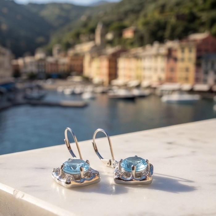 Atlantica - 4.7 carat Swiss Blue Topaz .925 Sterling Silver dipped in Rhodium Handcrafted Statement earrings - Earrings with blue topaz and silver setting, harbor view background