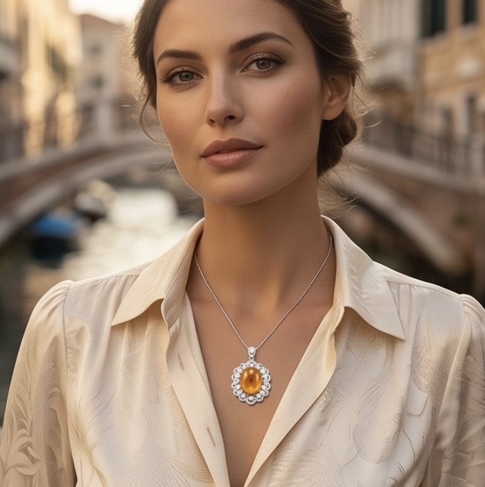 Luxury genuine Fancy 21.2 CARAT Golden Topaz rhodium over .925 Sterling Silver handmade Pendant - Woman wearing a luxury 21.2 carat golden topaz pendant necklace.