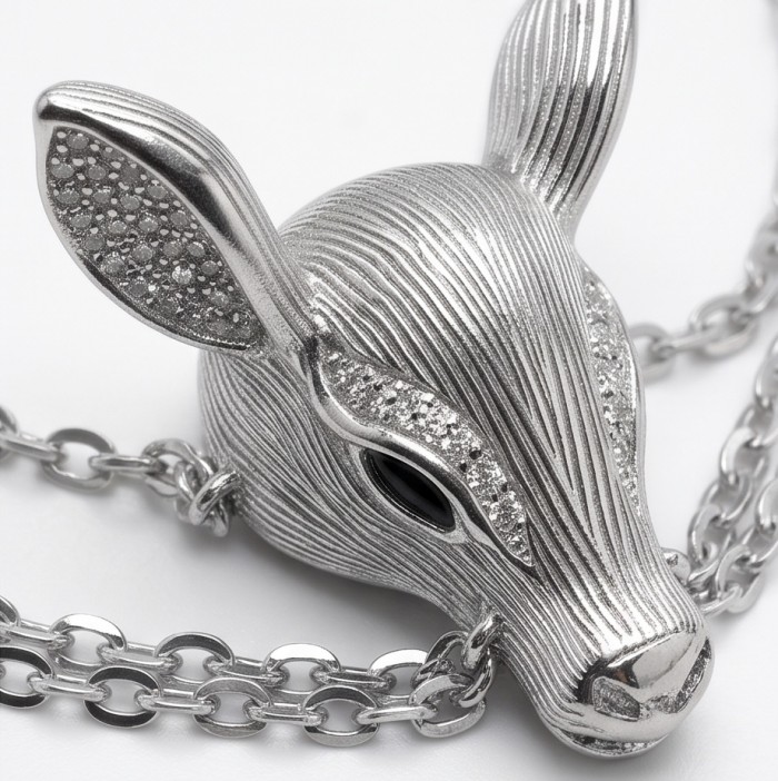 Deer'S Head 0.5 carat Emerald Rhodium over .925 Sterling Silver handmade Statement Bracelet - Close-up of deer head pendant in rhodium over sterling silver.