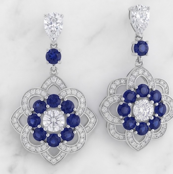Art Deco - Authentic 4.5 carat Sapphire rhodium over .925 Sterling Silver handcrafted earrings - Close-up of Art Deco sapphire earrings with diamond accents.
