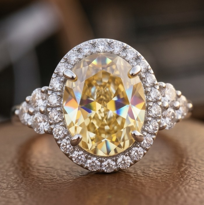 Solid 8.8 carat Genuine Yellow Sapphire .925 Sterling Silver handcrafted ring size 6 - Close-up of a yellow sapphire ring with diamond halo and band detailing