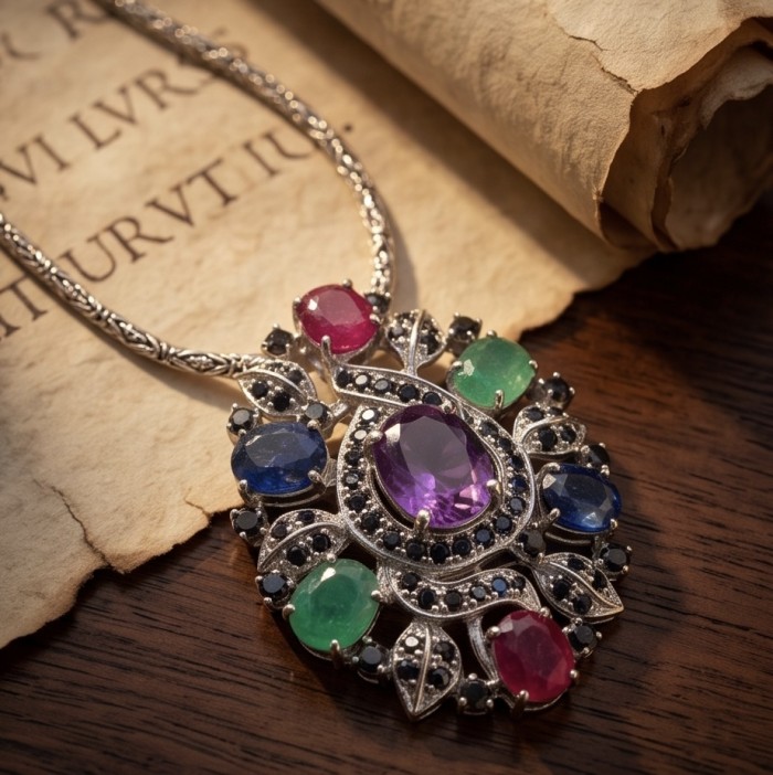 Generational Wisdom - Natural 27.8 carat Multigem .925 Sterling Silver handcrafted Necklace - Pendant - Brooch - Elegant multigem necklace on vintage paper background, top view.