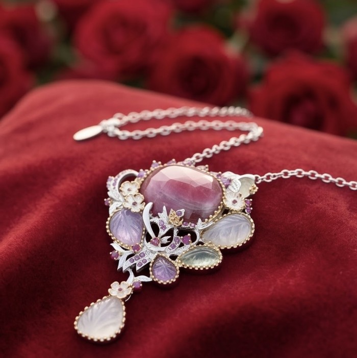 Serenity Luxurious 81.5 carat natural Mozambique Ruby .925 Sterling Silver .925 Sterling Silver Statement Necklace - Close-up of Serenity necklace with Mozambique ruby on red velvet backdrop.