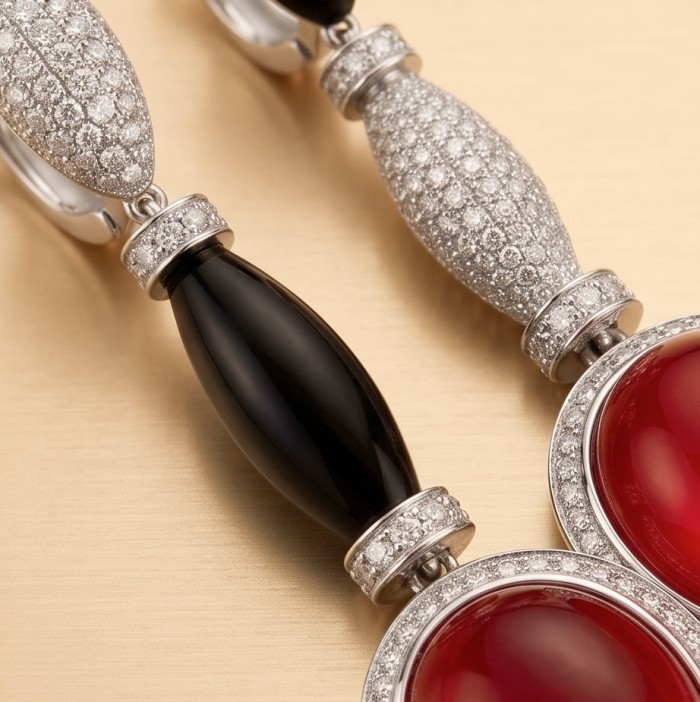 Art Deco - Extravaganza - 15.8 ctw Ruby Rhodium over .925 Sterling Silver handcrafted Statement handcrafted earrings - Close-up of Art Deco earrings with rubies and diamonds.