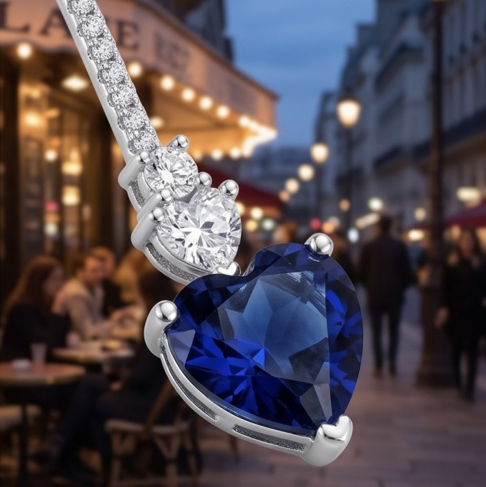 Vintage style - Giovanna - 6.8 carat Sapphire .925 Sterling Silver handcrafted earrings - Sapphire pendant close-up with diamonds on a city street background