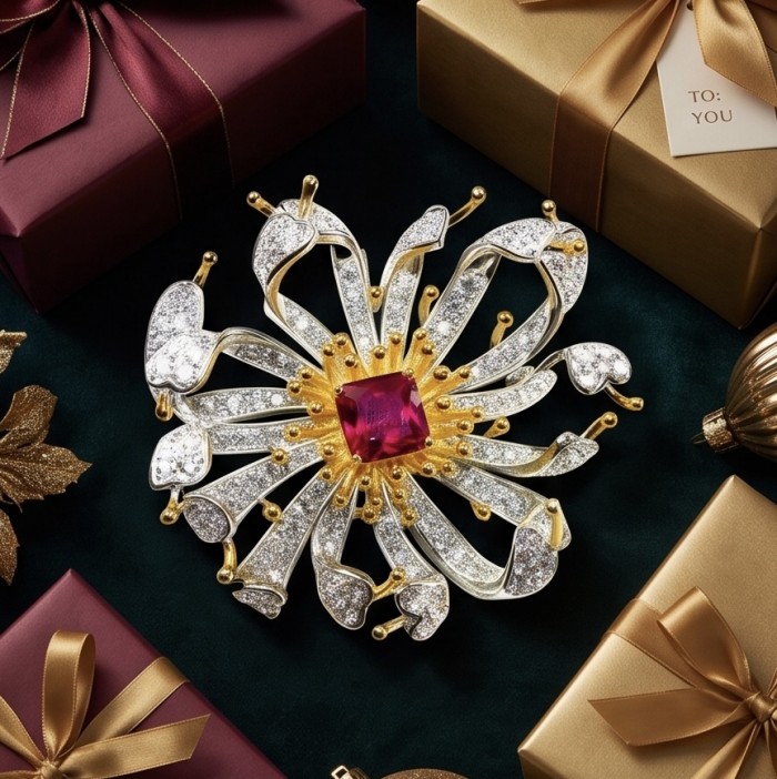 Exotic Flower - RARE FINDING - 4.7 carat Authentic Ruby 18k Gold over .925 Sterling Silver handcrafted Pendant Brooch - Exotic flower brooch with ruby and diamonds, top view, gift boxes around.