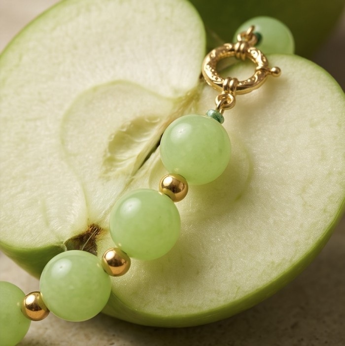 Genuine Moss Prehnite 10k Gold over .925 Sterling Silver handmade Necklace - Clasp detail on Genuine Moss Prehnite necklace with apple backdrop