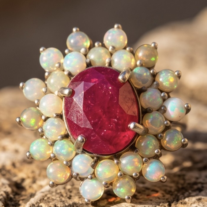 King of Gems Genuine 8.9 CARAT Mozambique Star Ruby 4.8 carat Fire Opal rhodum over .925 Sterling Silver Large Statement Ring size 7 1/4 - Close-up of King of Gems Mozambique Star Ruby ring with opals.