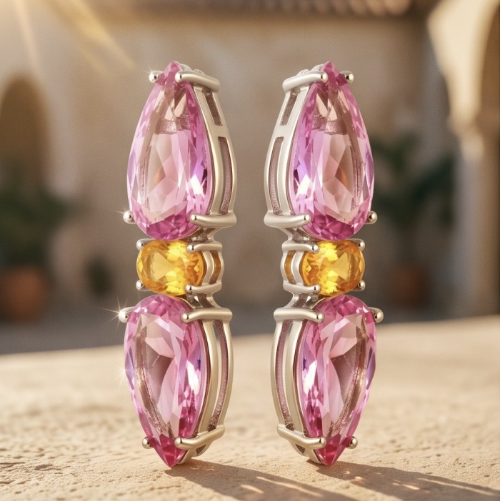 Incredible pear cut 25.5 carat Pink Topaz Rhodium over .925 Sterling Silver handcrafted Statement earrings - Close-up of pink topaz earrings with orange stones, front view.
