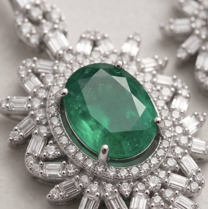 Luxurious - 7.8 carat Colombian Emerald .925 Sterling Silver dipped in rhodium handmade Statement Earrings - Emerald and diamond close-up; Exotic Flowers, 3.8ct Colombian Emerald.