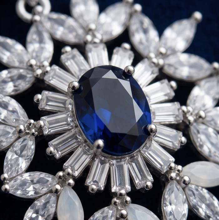 Giuseppina - Authentic 4.5 carat Sapphire rhodium over .925 Sterling Silver handcrafted Statement earrings - Close-up of Giuseppina 4.5 carat sapphire necklace centerpiece.