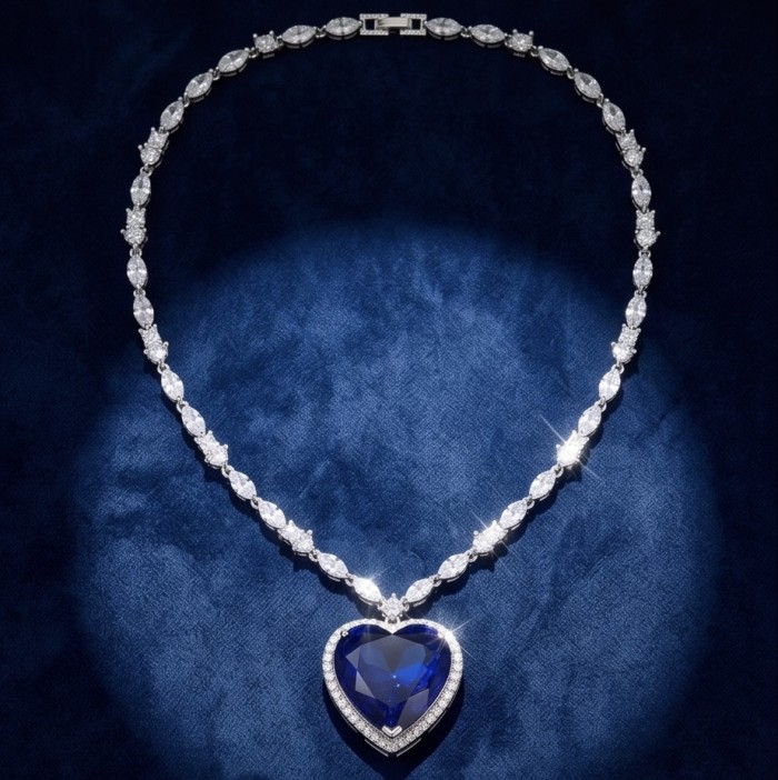 Titanic - Heart of The Ocean Necklace ~ 24.5 Ct Blue Sapphire Necklace In 925 Sterling Silver necklace - Heart of the Ocean Necklace, top view with 24.5 Ct blue sapphire centerpiece