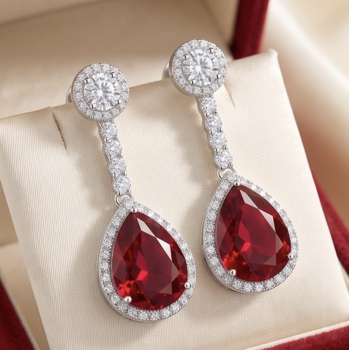 Incredible 11.5 carat Red Topaz rhodium over .925 Sterling Silver entirely handmade earrings - Close-up of 11.5 carat Red Topaz earrings with diamond accents.