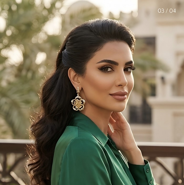 Golden Roses Dubai Style - .925 Sterling Silver dipped in 22K Gold handmade Earrings - Side view of gold rose earrings worn by model in green blouse.