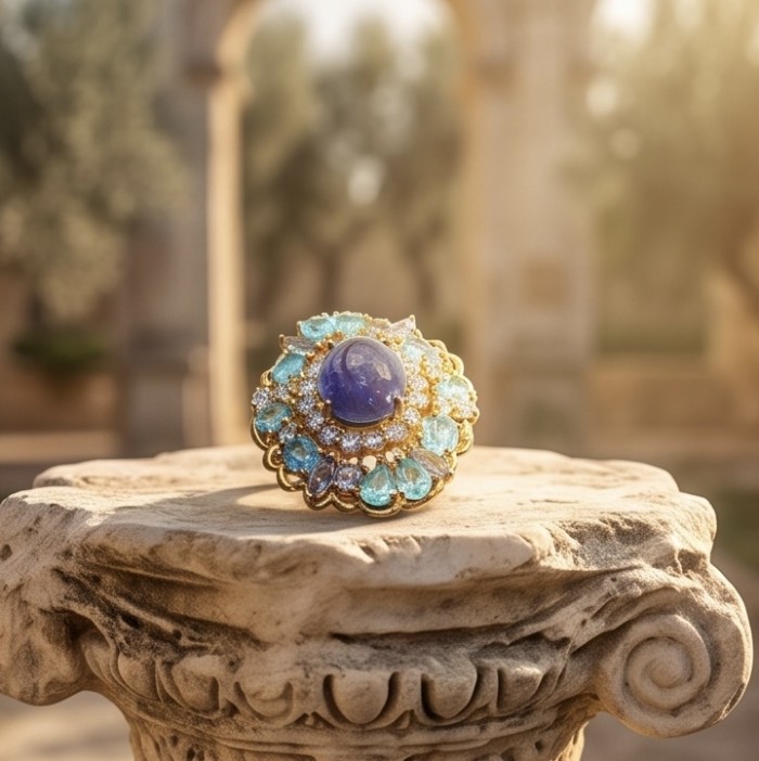 Emily oval cut 5.7 carat Authentic Tanzanite 22K Gold over .925 Sterling Silver handmade Statement ring size 8 - Front view of Emily oval Tanzanite ring on carved stone pedestal