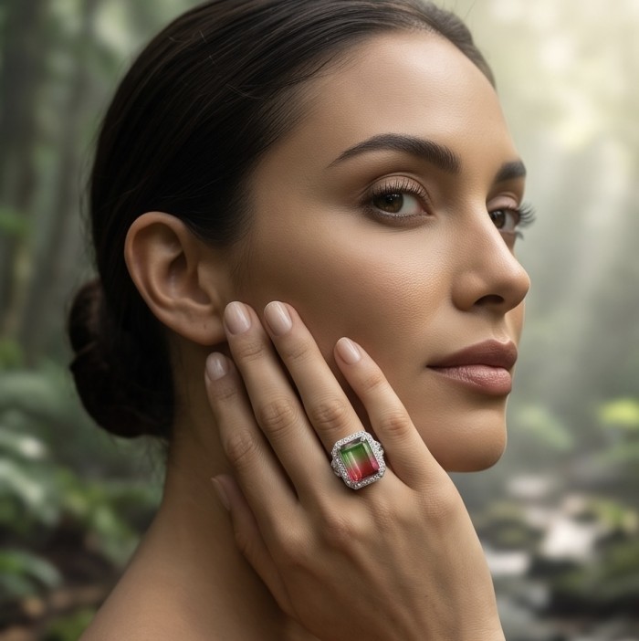 12.8 carat Brazilian Tourmaline .925 Sterling Silver dipped in rhodium Perfectly handcrafted Ring s. 8 - Woman wearing a 12.8 carat Brazilian Tourmaline ring on her hand.