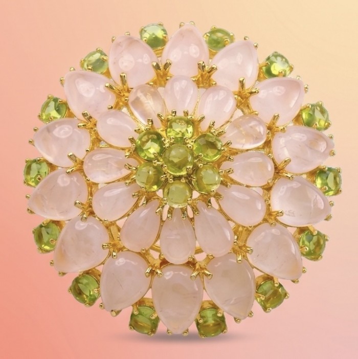 Vintage Floral design genuine 48.5 carat Brazilian Rose Quartz 18k Gold over .925 Sterling Silver handmade Pendant - Brooch - Floral design brooch with rose quartz and peridot, front view.