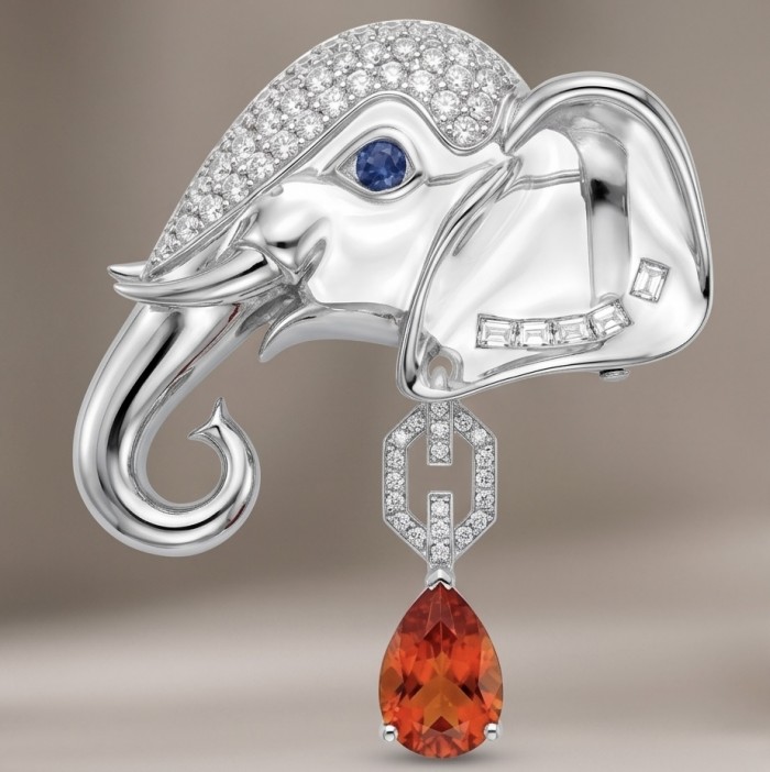 Attract YOUR Luck - ELEPHANT- 4.2 CARAT Ruby 0.4 carat Sapphire .925 Sterling Silver dipped in rhodium handcrafted Pendant Brooch - Elephant shape brooch with ruby and sapphire, side detail view.