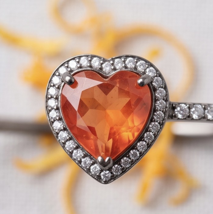 Two Hearts 10.8 carat White Topaz black rhodium over .925 Sterling Silver highly polished bracelet - Close-up of heart-shaped orange gemstone with diamond accents.