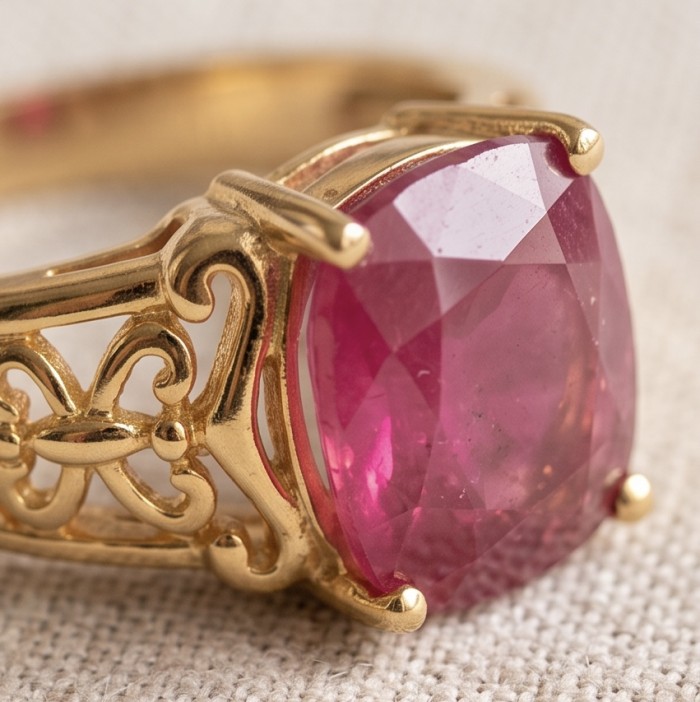 Bella Rosa Genuine 8.5 CARAT Star Ruby 22K Gold over .925 Sterling Silver Statement Ring size 9 - Close-up of Bella Rosa 8.5 carat star ruby in 22K gold setting.