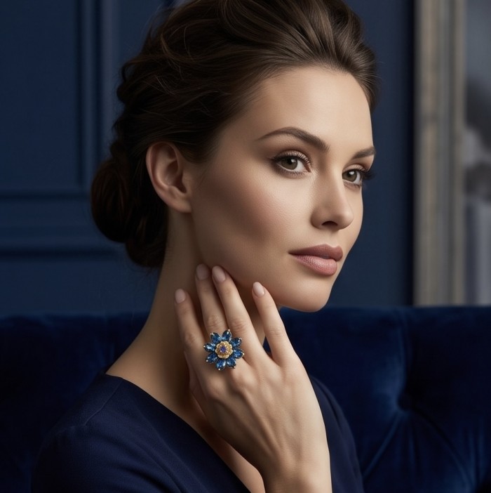 Magic Flower petal 10.8 carat authentic London Blue Topaz 0.2 carat Tanzanite 22k Gold over.925 Sterling Silver handmade Statement Ring size 7 - Woman wearing Magic Flower ring with London Blue Topaz, hand close-up.