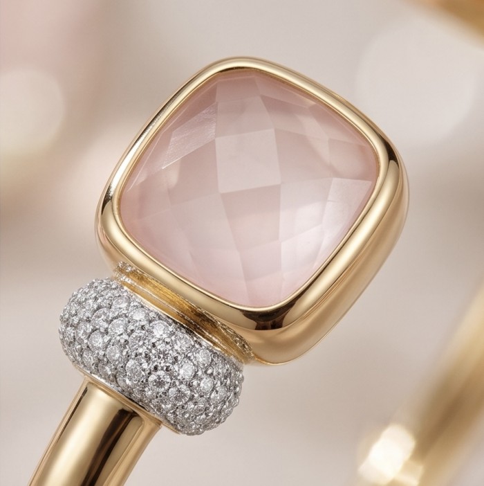 Precious Light Natural 8.2 carat Rose Quartz 0.6 carat Moissanite 14K Gold over .925 Sterling Silver open-ended bracelet - Stone close-up of rose quartz and moissanite ring in gold setting.