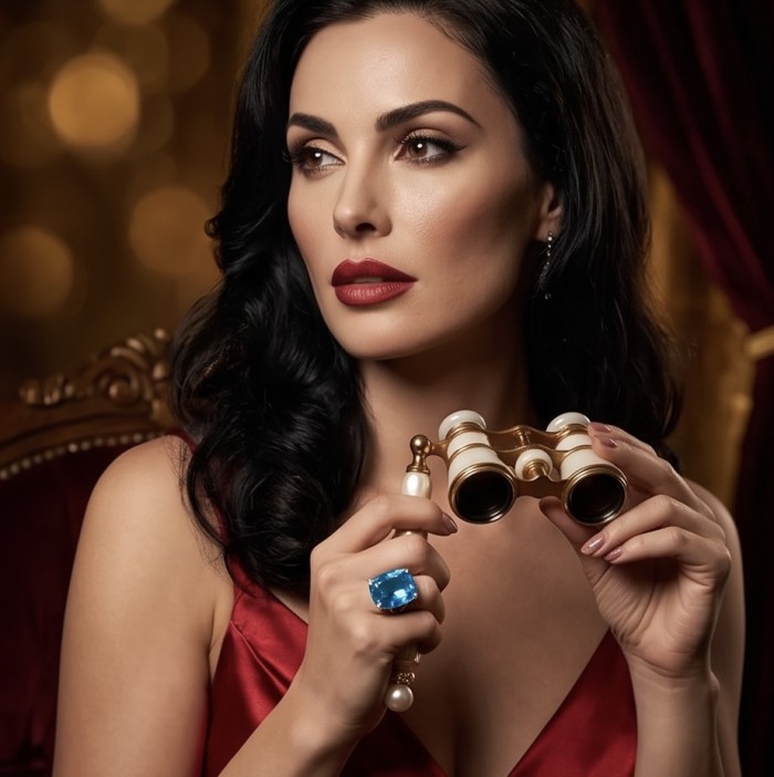 Pacifica - Authentic 22.8 carat Swiss Blue Topaz Rhodium over .925 Sterling Silver handcrafted Large Statement ring size 5 - Woman holding opera glasses, wearing Pacifica Swiss Blue Topaz ring