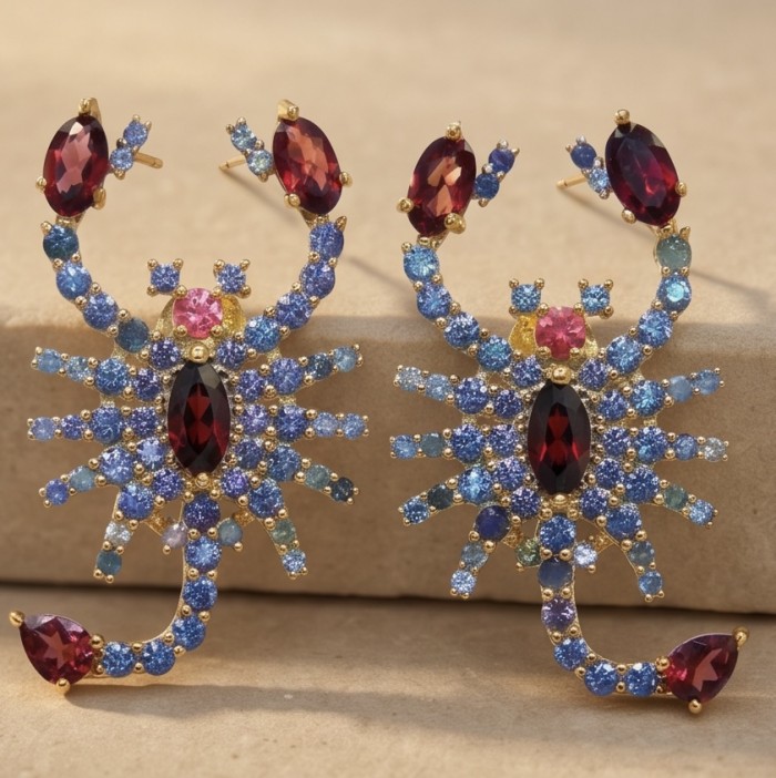 Scorpions authentic 4.2 carat Garnet Sapphire .925 Sterling Silver dipped in 22K Gold handcrafted earrings - Scorpion earrings front view, garnet and sapphire stones, gold accents
