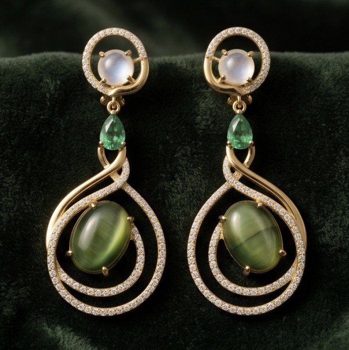 SOUTHERN STAR 12.2 carat Labradorite 4.8 carat Australian Fire Opal 22k Gold over .925 Sterling Silver Large Statement earrings - Elegant earrings with labradorite and emerald stones, front view.
