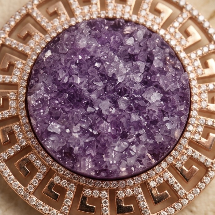 Divine Protection 12.9 carat natural Fancy crashed Amethyst 18K Rose Gold over .925 Sterling Silver Handcrafted earrings - Close-up of Divine Protection amethyst pendant with intricate design