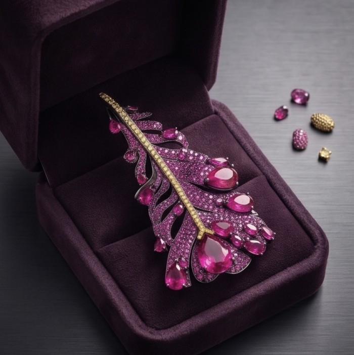 Magic Red Feather Large 10.8 carats Ruby .925 Sterling Silver DIPPED IN RHODIUM handmade Pendant - Brooch - Top view of ruby feather brooch in open velvet jewelry box.
