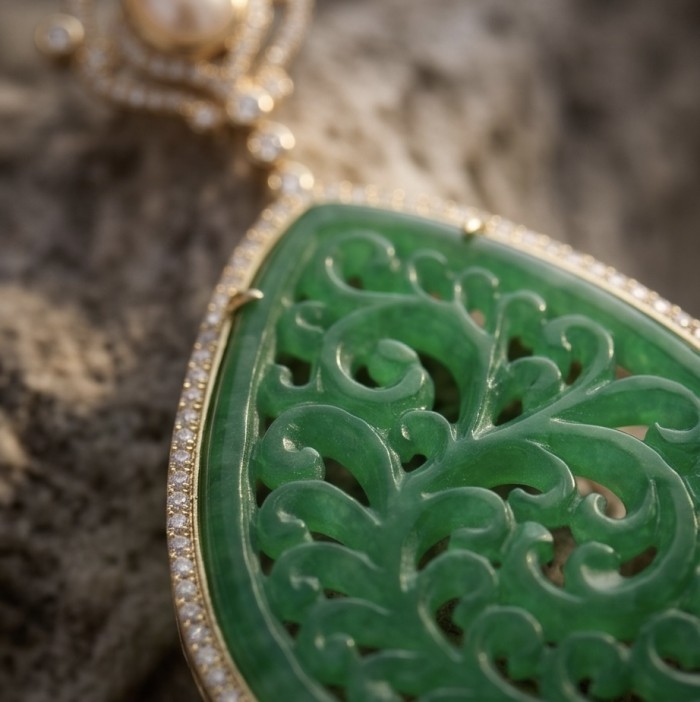 Enchanted Beauty 10.5 carat authentic Jade 14K Gold over .925 Sterling Silver handcrafted Long Statement earrings - Close-up of Jade stone in 14K gold setting with intricate detailing