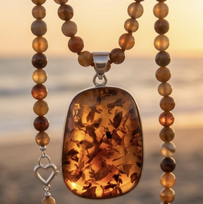 Rare- vintage Style- natural Baltic Amber genuine Botswana Agate .925 Sterling Silver handcrafted LARGE necklace - Amber pendant and beads close-up with beach sunset background
