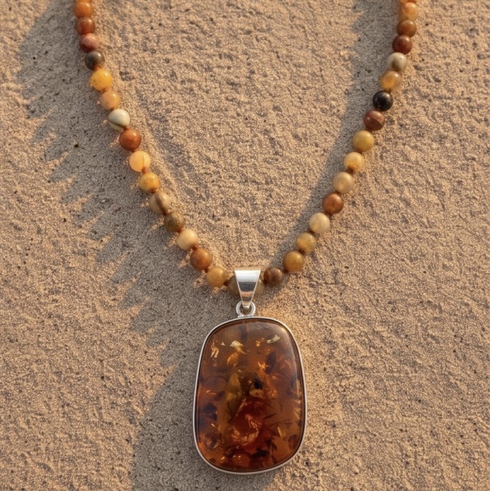 Rare- vintage Style- natural Baltic Amber genuine Botswana Agate .925 Sterling Silver handcrafted LARGE necklace - Amber necklace with stone pendant on sand background, top-down view.