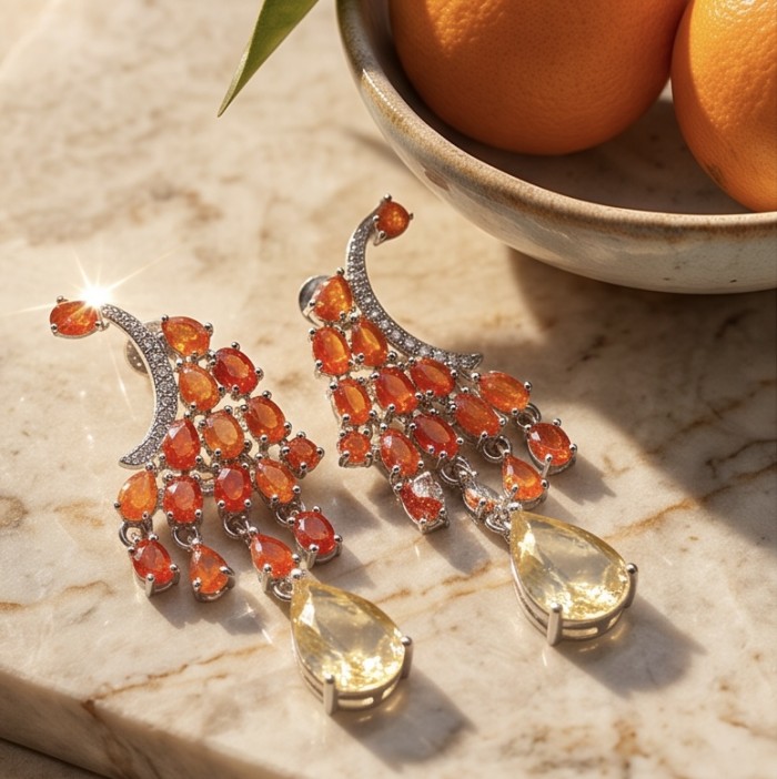 Valentina 3.9 carat Natural Fire Opal 4.9 carat Citrine rhodium over .925 Sterling Silver handcrafted earrings - Fire opal and citrine earrings on marble with fruit bowl, top view.