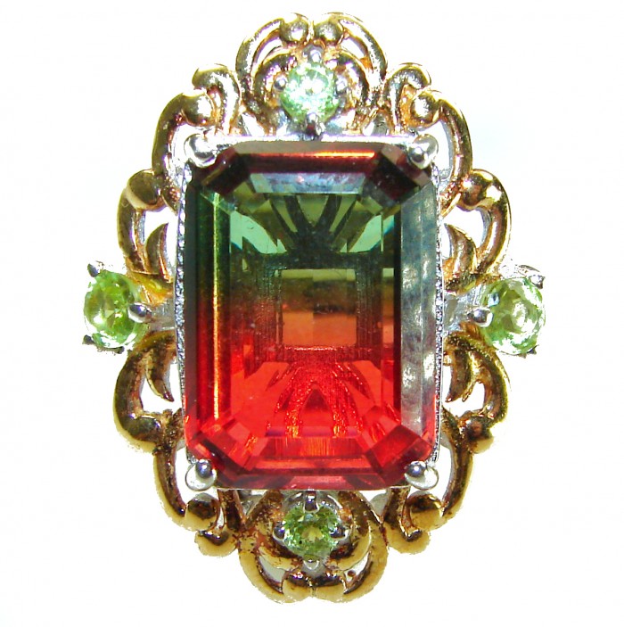 41.2 carat rectangle cut Brzailian Tourmaline .925 Silver handcrafted Cocktail Ring s. 6 3/4 - Close-up of 41.2 ct Brazilian Tourmaline ring with ornate silver setting.